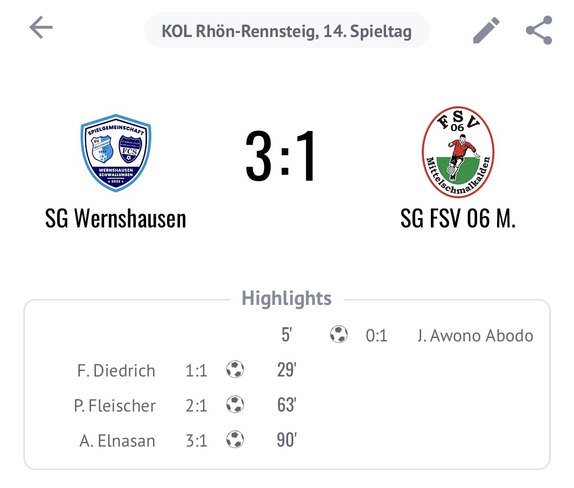 Derby-Sieg – SG Wernshausen/Schwallungen bezwingt FSV Mittelschmalkalden mit 3:1